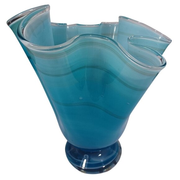 Hand Blown Ocean Waves Gradient Blue Art Glass Pedestal Vase Murano Vintage MCM - Picture 5 of 15